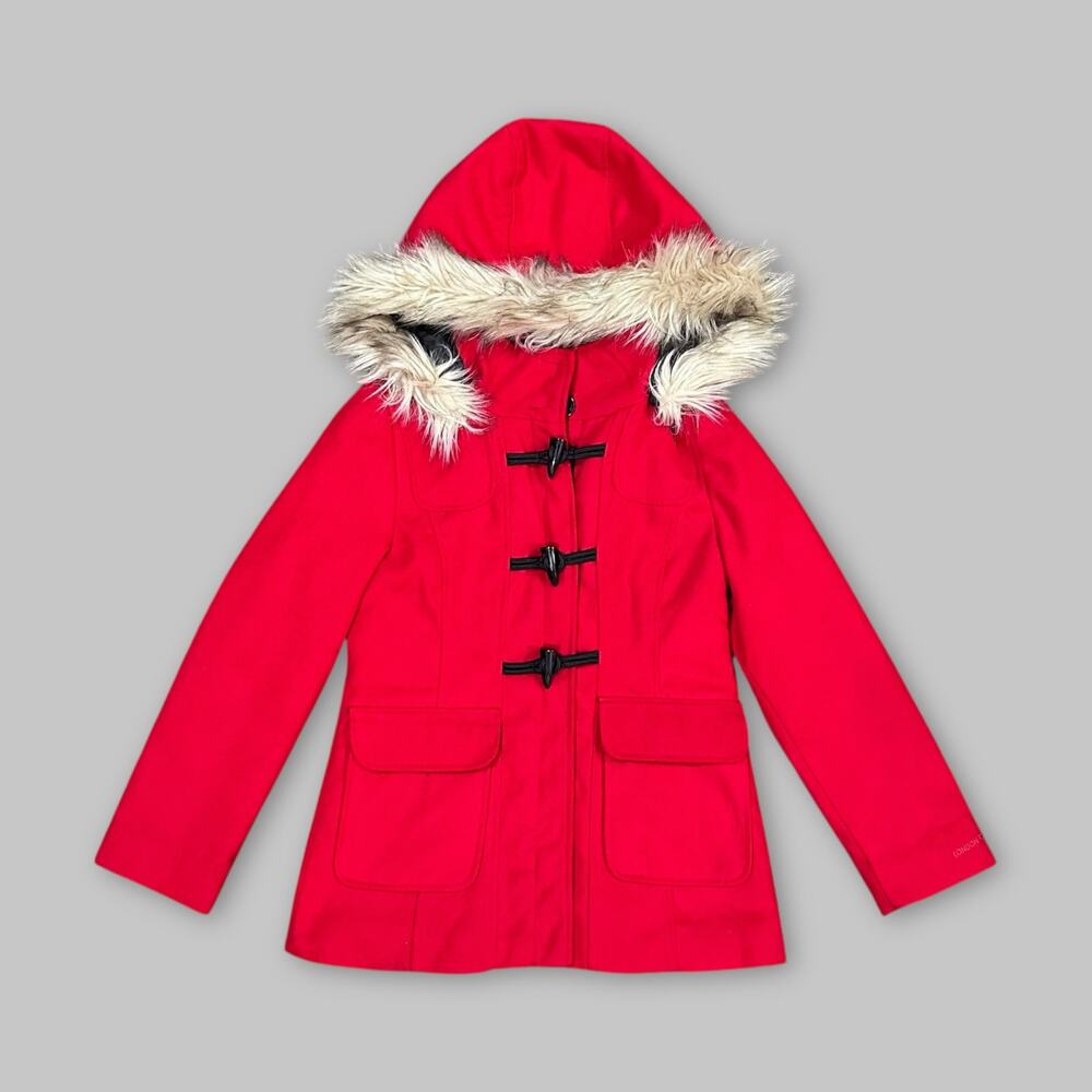 London Fog Red Toggle Coat with Faux Fur Hood – Size M (10–12)